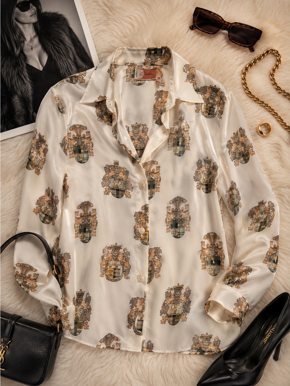Vintage Carla Heraldic Crest Satin Blouse Button Front EUC